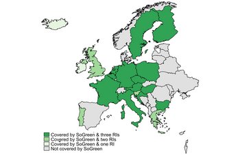 Map of european Countries shaded to indicate their coverage by SoGreen and RIs